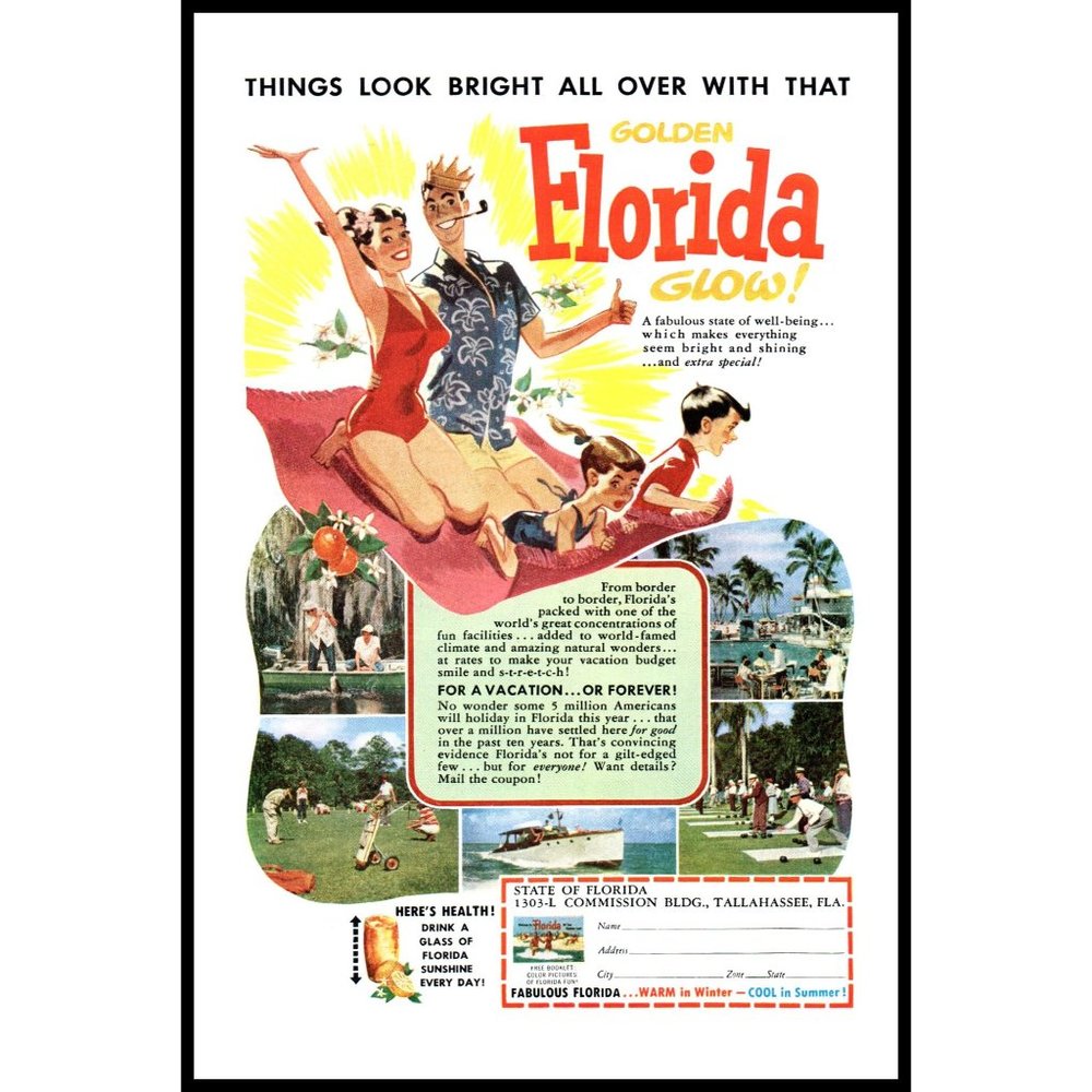 1953 Florida Vacation Travel Planner Vintage Print Ad Family Beach Towel Art